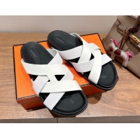 Durable Hermes Kazimir Flat Slides Sandal in Woven Suede and Calfskin Leather White 0419095