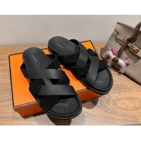 Best Price Hermes Kazimir Flat Slides Sandal in Woven Suede and Calfskin Leather Black 0419096