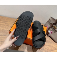 Best Price Hermes Kazimir Flat Slides Sandal in Woven Suede and Calfskin Leather Black 0419096