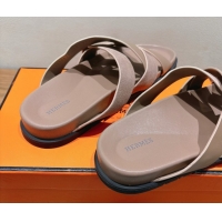 Stylish Hermes Kazimir Flat Slides Sandal in Woven Suede and Calfskin Leather Elephant Grey 0419097