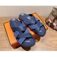 Buy Luxury Hermes Kazimir Flat Slides Sandal in Woven Suede and Calfskin Leather Navy Blue 0419098