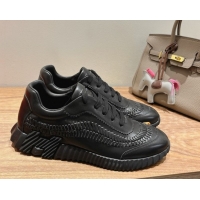 Unique Style Hermes Bouncing Sneakers in Calfskin Leather with Braided Detail All Black 0419102