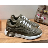 Low Price Hermes Bouncing Sneakers in Calfskin Leather with Braided Detail Green 0419106