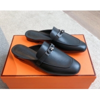 Cheap Price Hermes Oz Flat Mules in Calfskin Leather Black 0419108