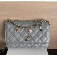 Pretty Style Chanel Pearly Lambskin on Chain with Logo Charm AP4537 Grey 2025