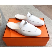 Perfect Hermes Oz Flat Mules in Calfskin Leather White 0419109