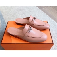 Generous Hermes Oz Flat Mules in Calfskin Leather Pink 0419110