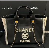 Best Price Chanel Deauville Calfskin & Woven Straw-Like Large Shopping Bag 0526 Black 2025