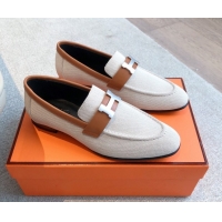 Charming Hermes Paris Loafers in Calfskin and Canvas Brown 0419114