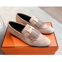 Top Grade Hermes Royal Loafers in Suede with Fringe Light Pink 0419116