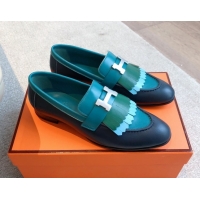 Shop Duplicate Hermes Royal Loafers in Calfskin Leather with Fringe Dark Blue/Green 0419117