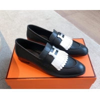 Grade Quality Hermes Royal Loafers in Calfskin Leather with Fringe Black/White 0419119