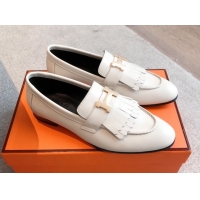 Pretty Style Hermes Royal Loafers in Calfskin Leather with Fringe White 0419121