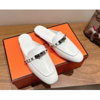 Durable Hermes Oz Flat Mules in Calfskin with Kelly Buckle and Studs White 0421007