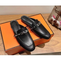 Best Grade Hermes Oz Flat Mules in Calfskin with Kelly Buckle and Studs Black 0421008