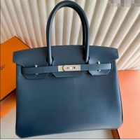 Best Price Hermes Birkin 30cm Bag in Original Box Leather H030 7P Prussian Blue/Silver 2025 (Full Handmade)