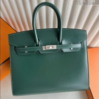 Super Quality Hermes Birkin Sellier 30cm Bag in Original Box Leather CK67 Green/Silver 2025 (Full Handmade)