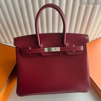 Buy Discount Hermes Birkin 25cm Bag in Original Box Leather CK55 Hermes Red/Silver 2025 (Full Handmade)