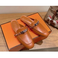 Lowest Price Hermes Oz Flat Mules in Calfskin with Kelly Buckle and Studs Brown 0421009
