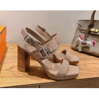 Popular Style Hermes Keen Heel Sandals 9cm in Calfskin Leather with Glenan Buckle Dusty Beige 0421010
