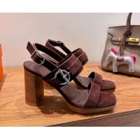 Discount Fashion Hermes Keen Heel Sandals 9cm in Suede with Glenan Buckle Dark Brown 0421011