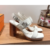 Luxurious Hermes Keen Heel Sandals 9cm in Calfskin Leather with Glenan Buckle White 0421013