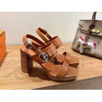 Good Looking Hermes Keen Heel Sandals 9cm in Calfskin Leather with Glenan Buckle Brown 0421014
