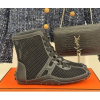 Unique Style Hermes Kiatsu High-top Sneakers in Crochet Knit Mesh and Calfskin Black 0421015