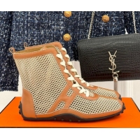 Pretty Style Hermes Kiatsu High-top Sneakers in Crochet Knit Mesh and Calfskin Brown 0421017