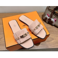 Low Cost Hermes Giulia Flat Slides Sandal in Suede with Kelly Buckle and Studs Light Pink 0421004