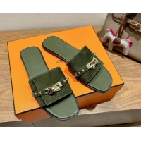 Shop Duplicate Hermes Giulia Flat Slides Sandal in Suede with Kelly Buckle and Studs Olive Green 0421005