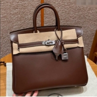 Buy Discount Hermes Birkin 25cm Bag in Original Box Leather H25 Chocolate/Silver 2025 (Half Handmade)