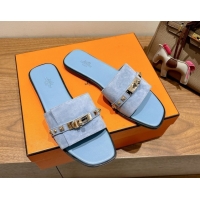 Best Grade Hermes Giulia Flat Slides Sandal in Suede with Kelly Buckle and Studs Blue 0421006
