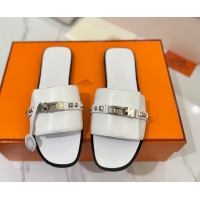 Good Looking Hermes Giulia Flat Slides Sandal in Calfskin Leather with Kelly Buckle and Studs White 0421018