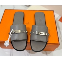 Good Quality Hermes Giulia Flat Slides Sandal in Calfskin Leather with Kelly Buckle and Studs Grey 0421019