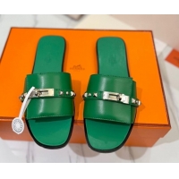 Best Price Hermes Giulia Flat Slides Sandal in Calfskin Leather with Kelly Buckle and Studs Green 0421020