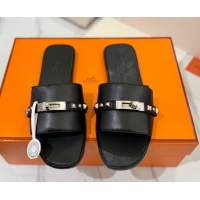Classic Hot Hermes Giulia Flat Slides Sandal in Calfskin Leather with Kelly Buckle and Studs Black 0421021