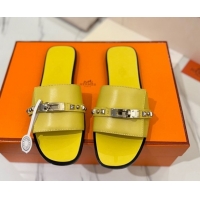 Good Quality Hermes Giulia Flat Slides Sandal in Calfskin Leather with Kelly Buckle and Studs Yellow 0421022