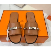 Popular Style Hermes Giulia Flat Slides Sandal in Calfskin Leather with Kelly Buckle and Studs Brown 0421023