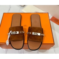Low Price Hermes Giulia Flat Slides Sandal in Suede with Kelly Buckle and Studs Brown 0421025