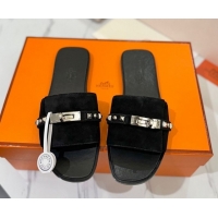 Purchase Hermes Giulia Flat Slides Sandal in Suede with Kelly Buckle and Studs Black 0421026
