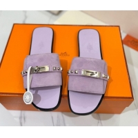 Unique Style Hermes Giulia Flat Slides Sandal in Suede with Kelly Buckle and Studs Purple 0421027
