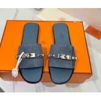 Best Product Hermes Giulia Flat Slides Sandal in Suede with Kelly Buckle and Studs Grey 0421028