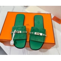 Durable Hermes Giulia Flat Slides Sandal in Suede with Kelly Buckle and Studs Green 0421029