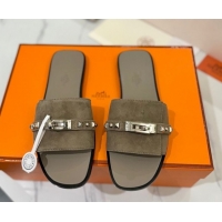 Luxury Cheap Hermes Giulia Flat Slides Sandal in Suede with Kelly Buckle and Studs Grey 0421030
