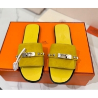Luxury Hermes Giulia Flat Slides Sandal in Suede with Kelly Buckle and Studs Yellow 0421031