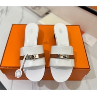 Top Design Hermes Gigi Heel Slides Sandal 4.5cm in Calfskin Leather with Kelly Buckle White 0421032