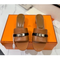 Sumptuous Hermes Gigi Heel Slides Sandal 4.5cm in Calfskin Leather with Kelly Buckle Brown 0421033