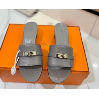 Top Grade Hermes Gigi Heel Slides Sandal 4.5cm in Smooth Calfskin with Kelly Buckle Grey 0421035