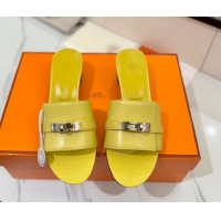 Luxury Hermes Gigi Heel Slides Sandal 4.5cm in Smooth Calfskin with Kelly Buckle Yellow 0421039